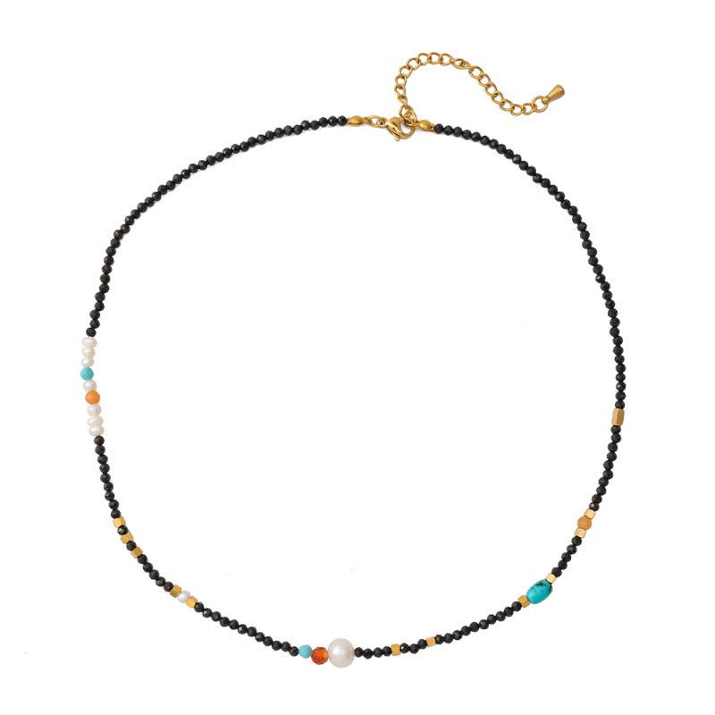 Linglang Handmade Retro Black Spinel Beaded Necklace Baroque Freshwater Pearl Necklace Vintage Choker