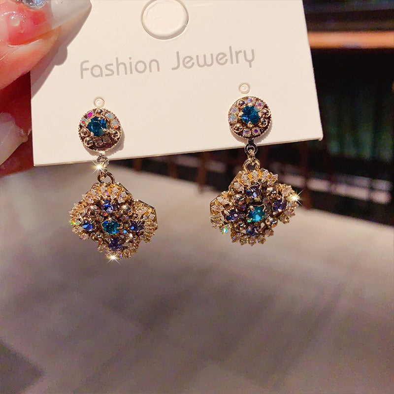 Sterling Boho Drop Earrings Retro Beaded Earrings Vintage Rhinestone Dangle Earrings