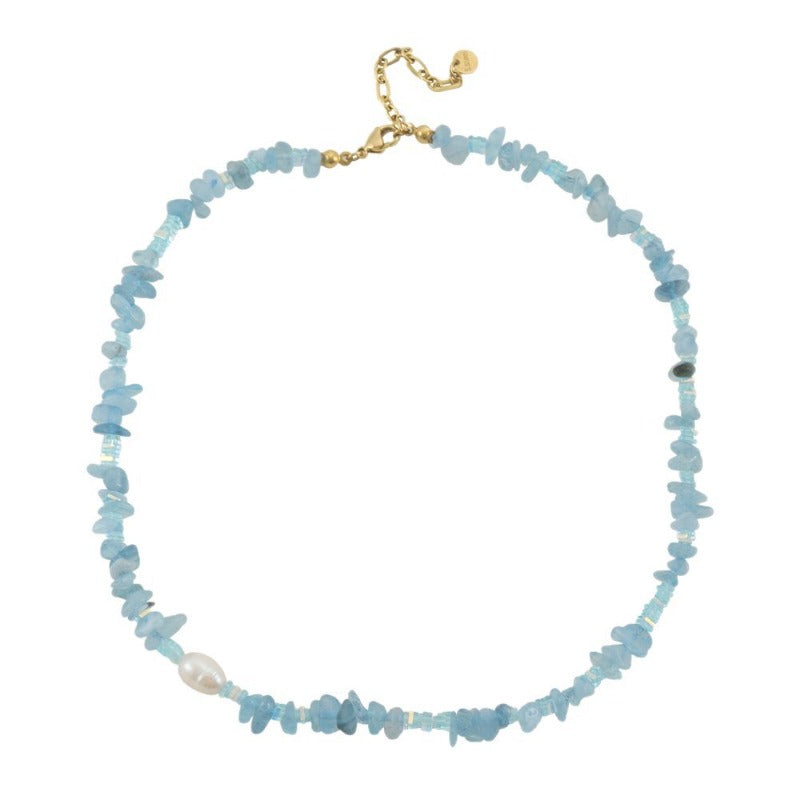 Linglang Handmade Irregular Aquamarine Beaded Necklace Elegant Pearl Necklace Natural Stone Necklace