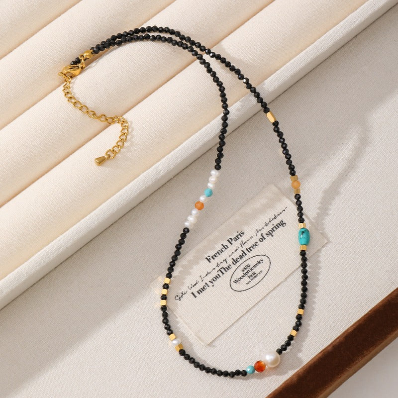 Linglang Handmade Retro Black Spinel Beaded Necklace Baroque Freshwater Pearl Necklace Vintage Choker