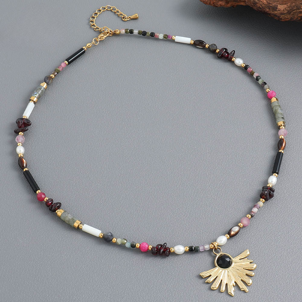 Linglang Vintage Natural Stone Beaded Necklace Garnet Freshwater Pearl Necklace Chain  Pendant Choker