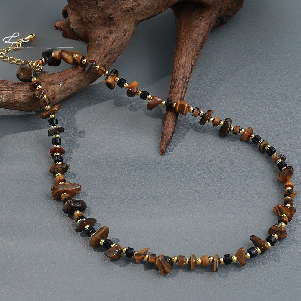 Linglang Vintage Tigerite Agate Beaded Necklace 18K Gold-plated Choker Natural Stone Necklace Boho Jewelry