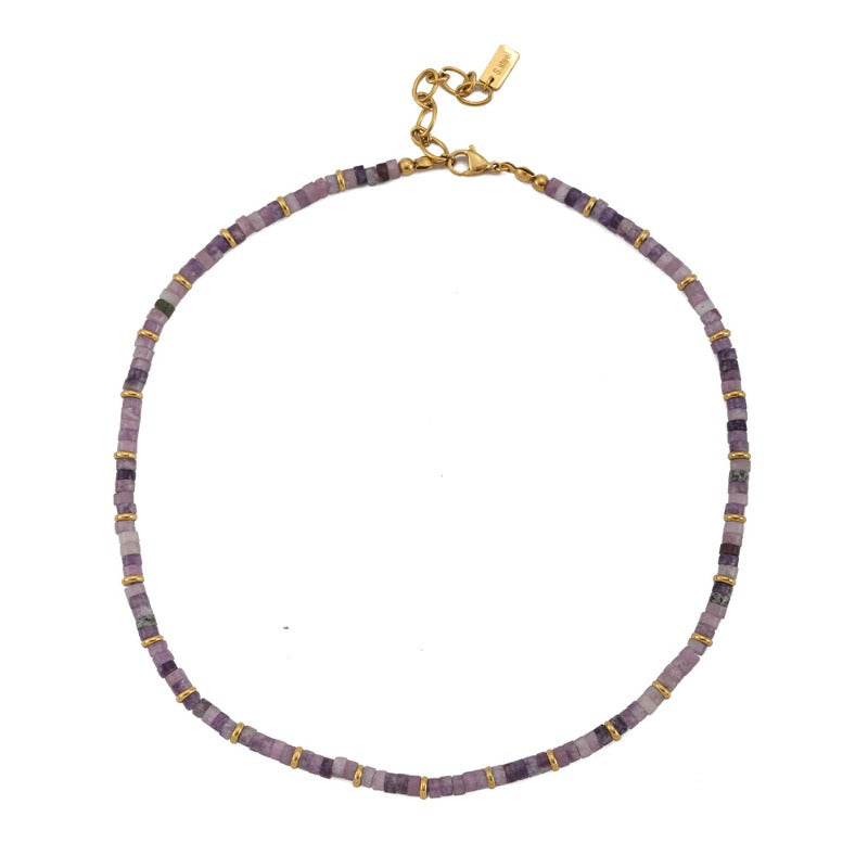 Linglang Purple Natural Stone Necklace Handmade Beaded Necklace Retro Chain Healing Crystal Choker Necklace