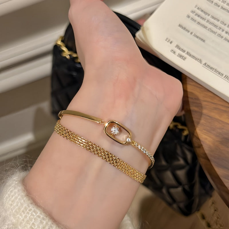 18K Gold Plated Flat Grid Bracelet Retro Bracelet Stack Adjustable Chain Bracelet Gold Jewelry for Women