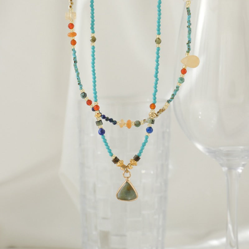 Linglang Blue Green Lapis Lazuli Natural Stone Beaded Necklace Layered Jewelry Czech Beads Necklace Layering Jewelry