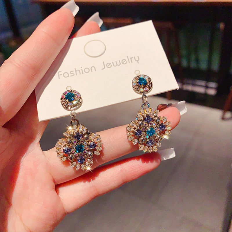 Sterling Boho Drop Earrings Retro Beaded Earrings Vintage Rhinestone Dangle Earrings