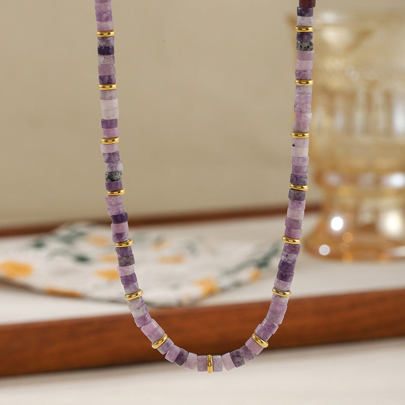 Linglang Purple Natural Stone Necklace Handmade Beaded Necklace Retro Chain Healing Crystal Choker Necklace