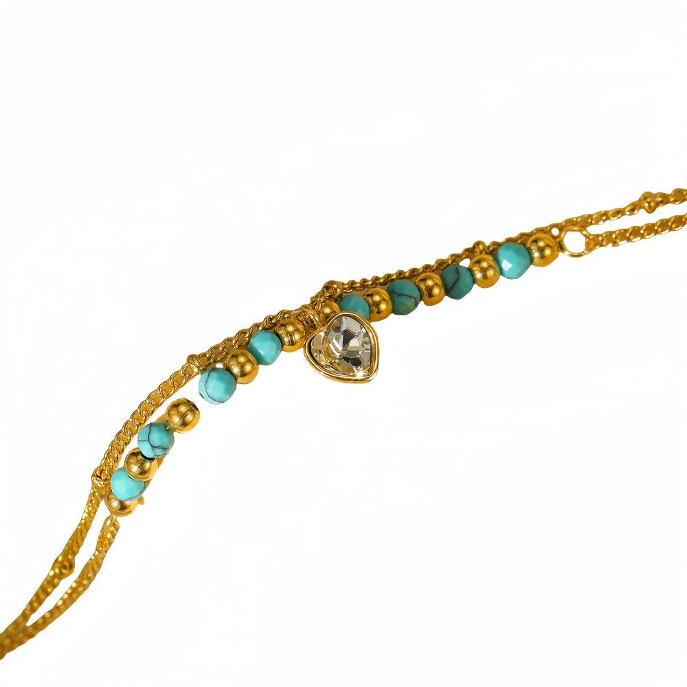 Linglang Blue Natural Stone Beaded Bracelet 18K Gold Plated Bracelet Dainty Gold Chain Stacked Bracelets for Women